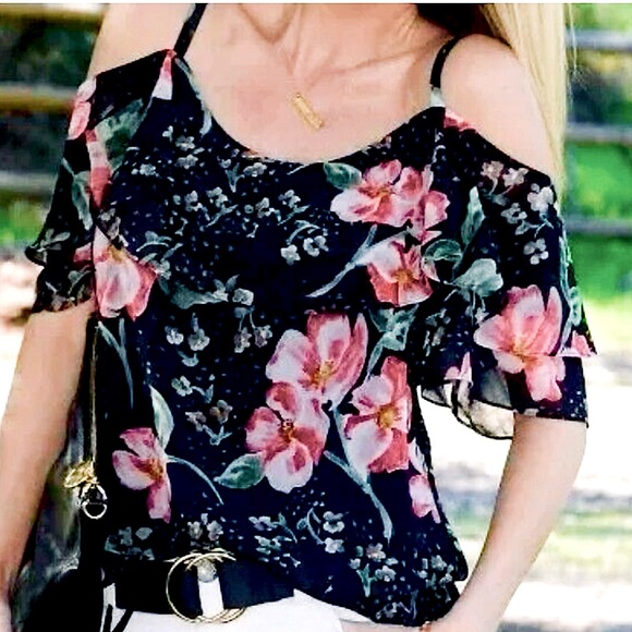 Cabi Floral Blouse Cold Shoulder Ruffled Medium Adjustable Straps Cute Summer To - Picture 1 of 12
